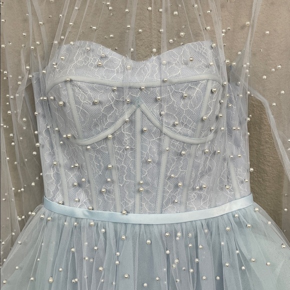 New Mac Duggal Sample Fit Flare Mini Corset Dress Light Blue Pearl Accent Sz 2 - Picture 5 of 14